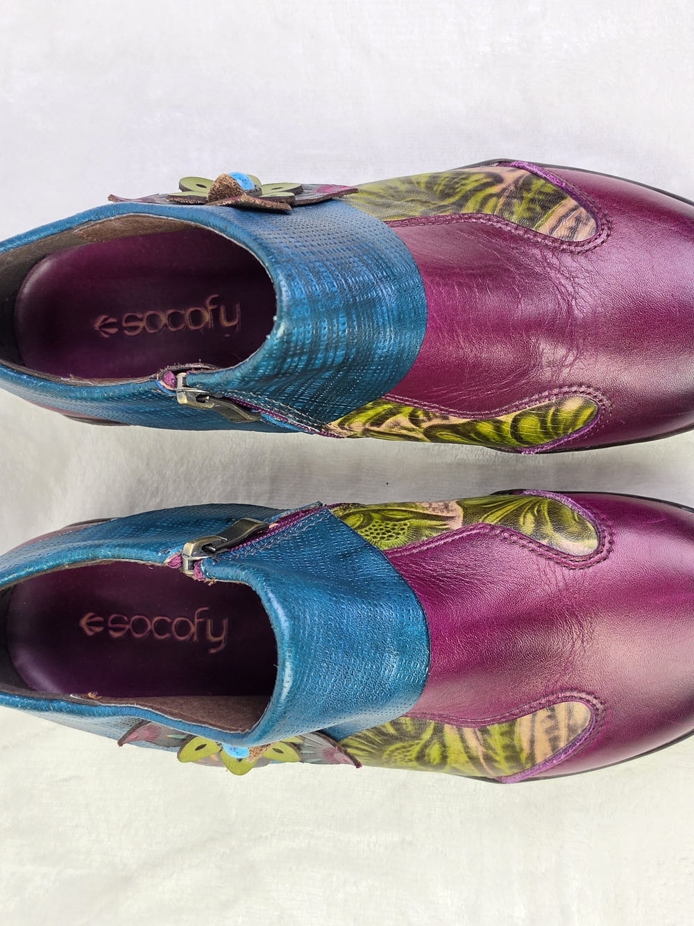 Socofy Shoes Womens 39 Floral Ankle Boots Burgundy Blue Green Zip Comfort Casual - Picture 8 of 12